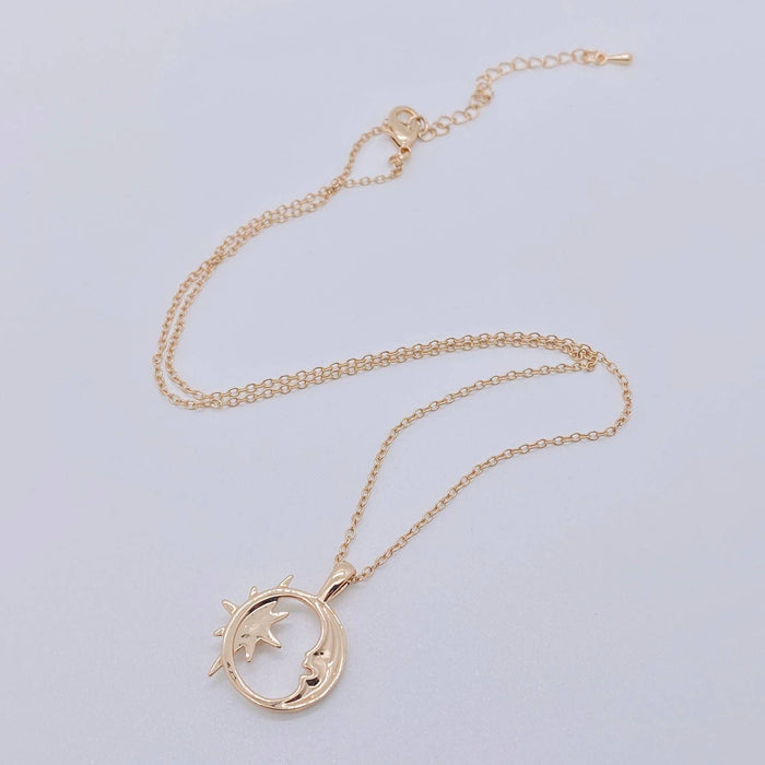Hollow Star Moon Inlaid Opal Gold Plated Necklace - MS
