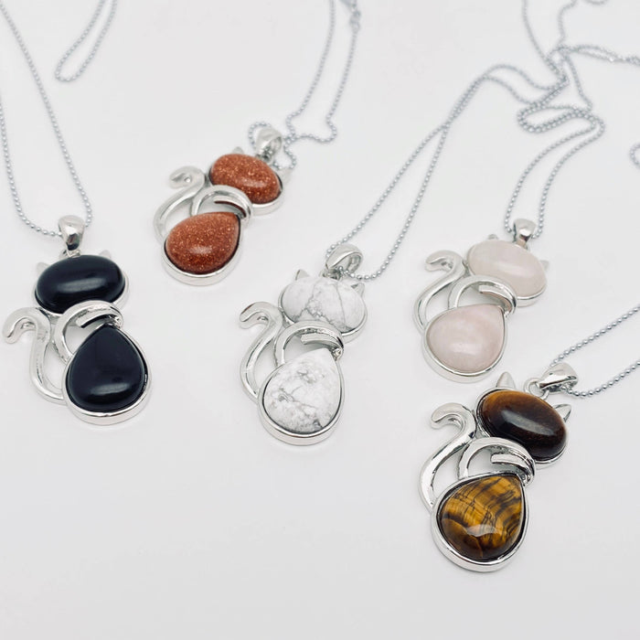 Natural Stone Cat-shaped Pendant Necklace - CS