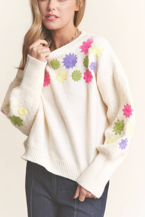 Floral Embroidered Round Neck Sweater Top