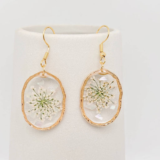 Queen Anne's Lace Dried Flowers Irregular Oval Earrings