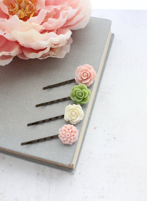 Flower Hair Pins - Pink and Green