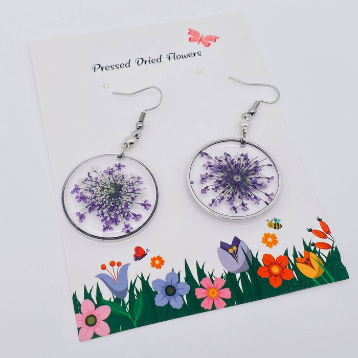 Queen Anne's Lace Round Pendant Dried Flowers Earrings - PDF