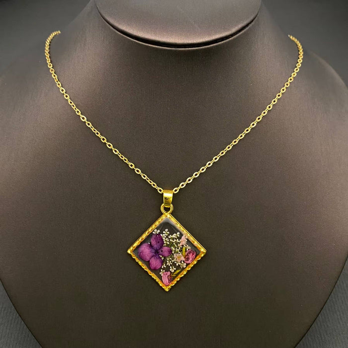 Dried Flower Rhombus Charm 18K Gold Plated Necklace