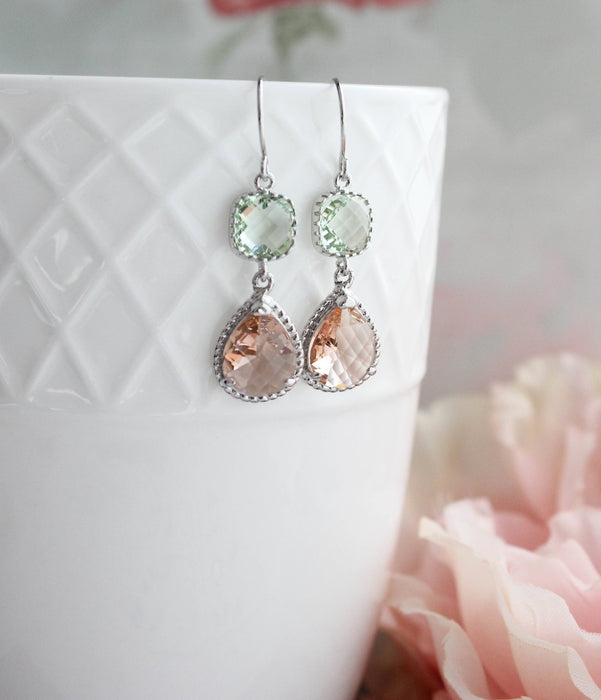 Mint and Peach Earrings | Two Jewel Teardrop Silver Earrings