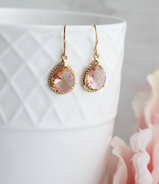 Glass Pear Drop Earrings - gold rope setting - Peach Blush