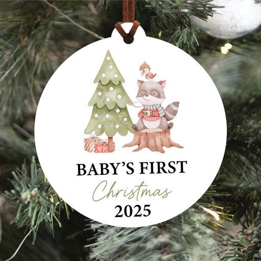 Baby's First Christmas Ornament 2025 | Woodland Racoon