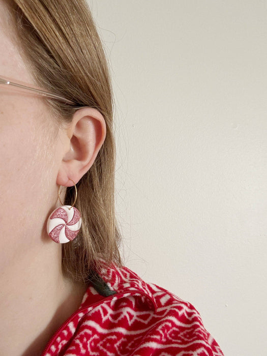 Glitter Peppermint Hoops | Polymer Clay Earrings 