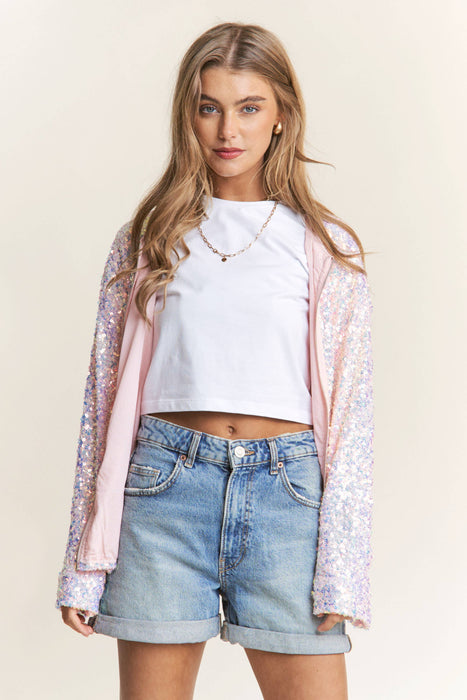 Jewel Neck Line Sequins Zipper Jacket