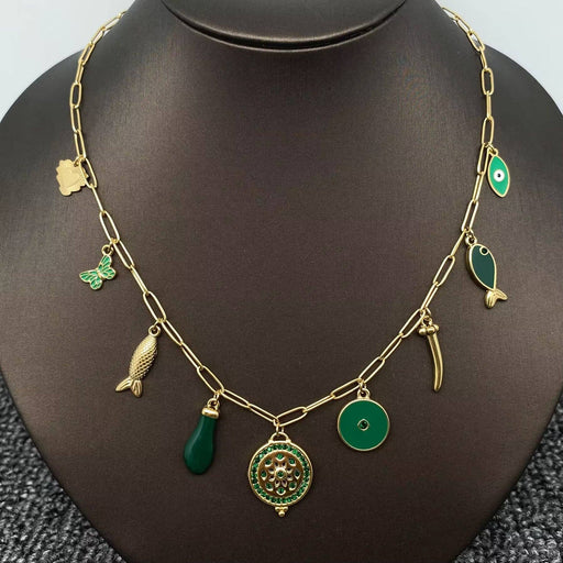 Green Tone Charm 18K Gold Plated S.Steel Necklace - FGS