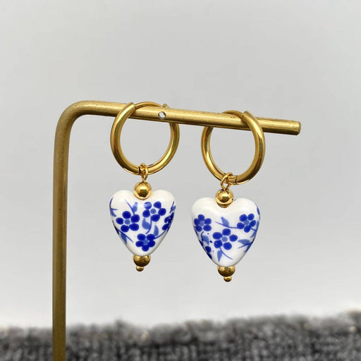 Blue and White Porcelain 18K Golden SS Huugie Earrings - FGS