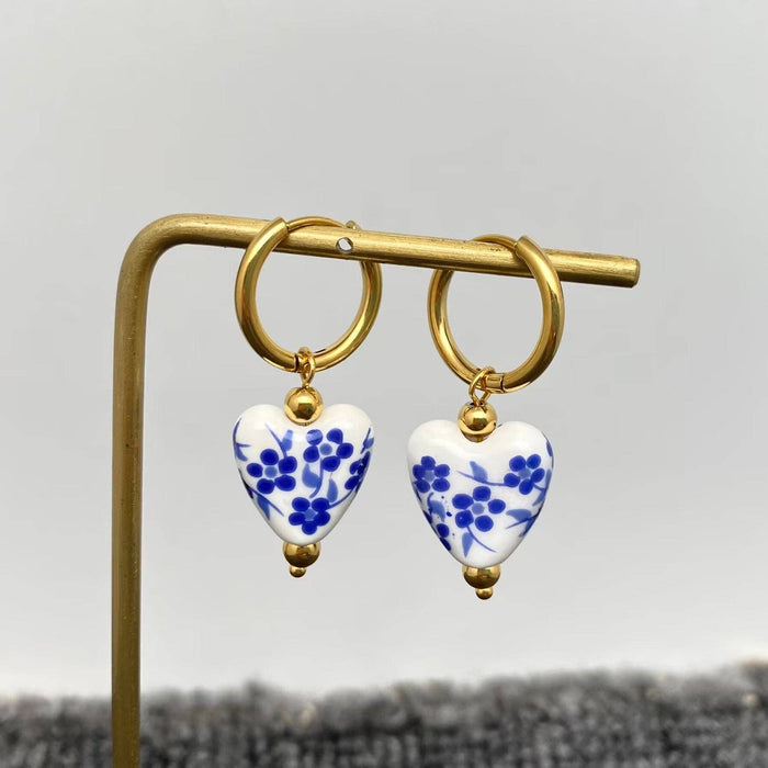 Blue and White Porcelain 18K Golden SS Huugie Earrings - FGS