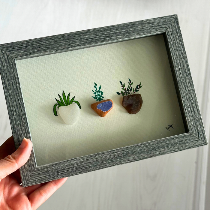 Framed Pebble Art Succulent Trio – Handmade Stone Planter