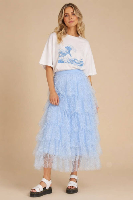 TIERED TULLE MESH MAXI-MIDI SKIRT