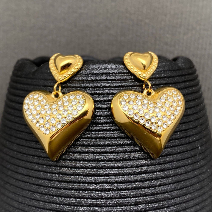 Zircon Inlaid Heart 18K Gold Plated S.Steel  Earrings