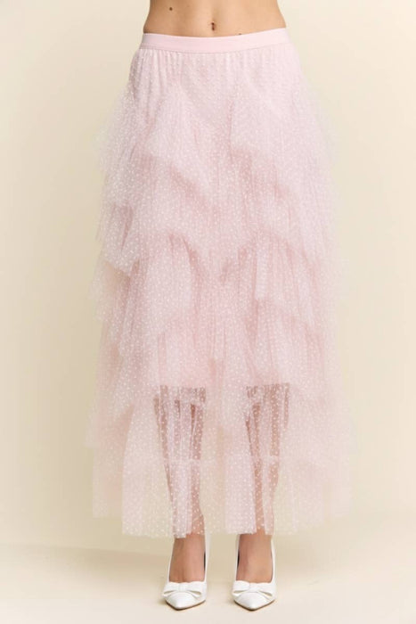 TIERED TULLE MESH MAXI-MIDI SKIRT