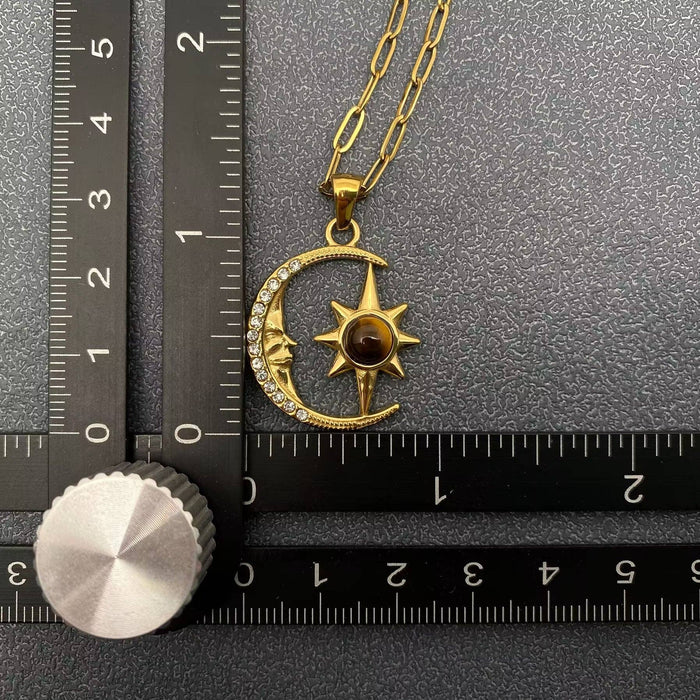Tiger's Eye & CZ Star Moon 18K Golden SS Necklace - FGS/MS