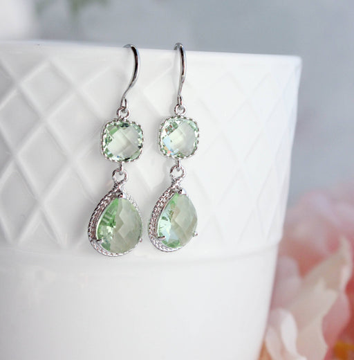 Light Green Glass Dangle Earrings | Two Jewel Teardrop