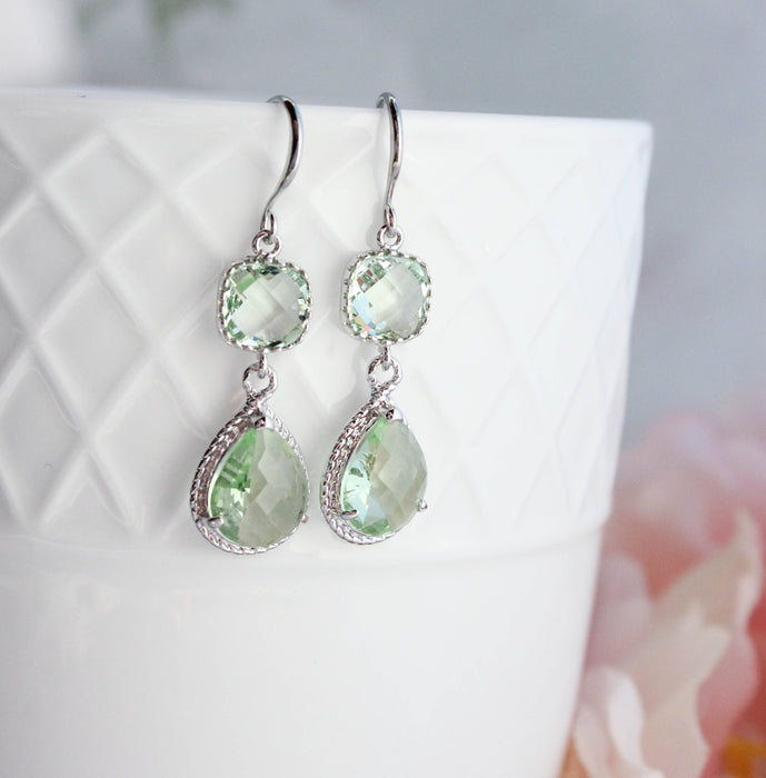 Light Green Glass Dangle Earrings | Two Jewel Teardrop