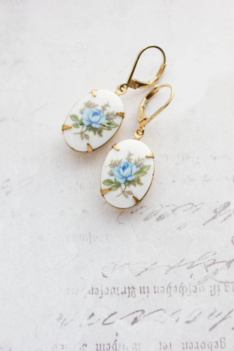 Blue Rose Cameo Earrings
