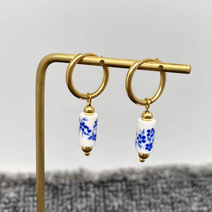 Blue and White Porcelain 18K Golden SS Huugie Earrings - FGS