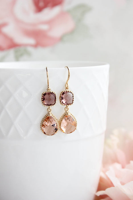 Peach Glass Earrings | Modern Earrings | Dusty Plum Teardrop