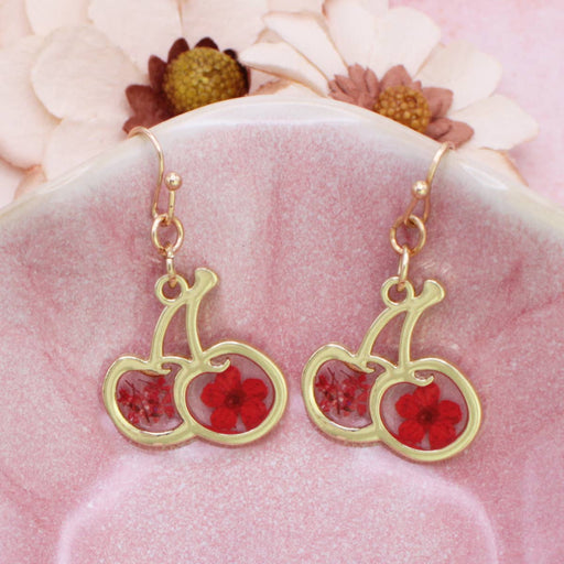 Red Dried Flower Gold Cherry Earrings