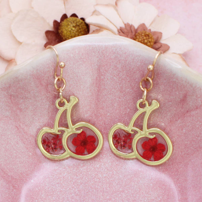 Red Dried Flower Gold Cherry Earrings