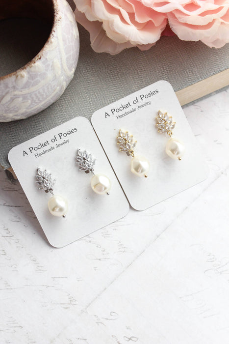 Glass Leaf Post Earrings | Baroque Pearl | Gold or Silver