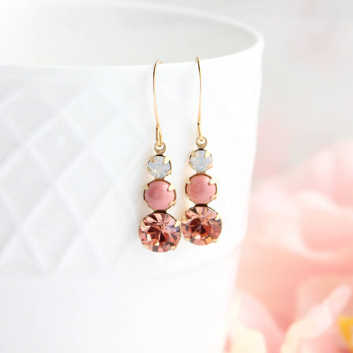 Vintage Glass Earrings |Three Jewel | Coral Peach and Opal