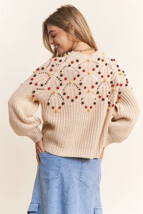 Eyelet Cable Knit  PomPom Knit Sweater Top