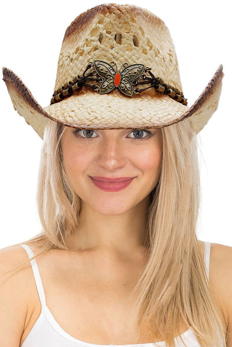 Butterfly Emblem Waxed String Straw Cowboy Hat