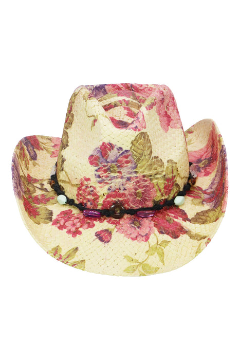 Floral Print Raffia Straw Cowboy Hat