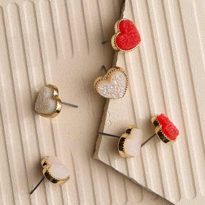 Druzy Heart Stud Earrings in Gold Trim