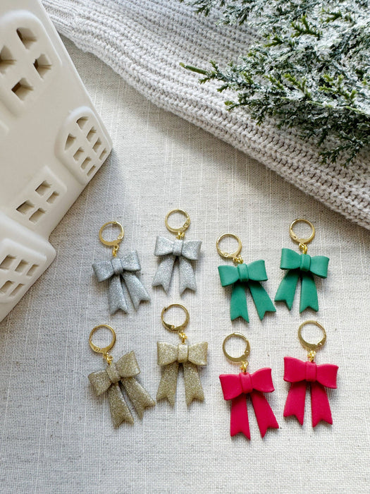 Holiday Bow Huggies | Polymer Clay Earrings 