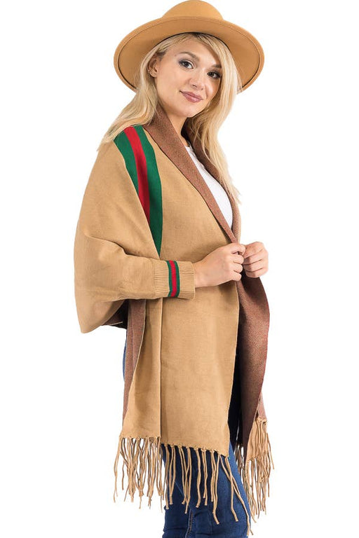 Tri-Stripe Faux Cashmere Cardigan Sweater Shrug Poncho: Camel