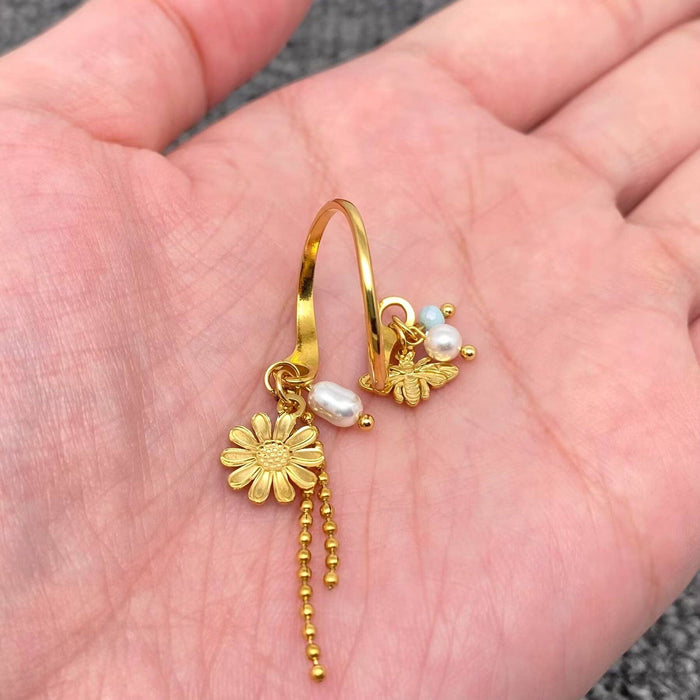 Enamel Daisy Bee & Pearl & Tassel 18K Golden SS Ring - FGS