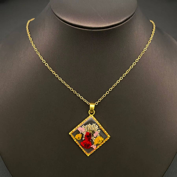 Dried Flower Rhombus Charm 18K Gold Plated Necklace