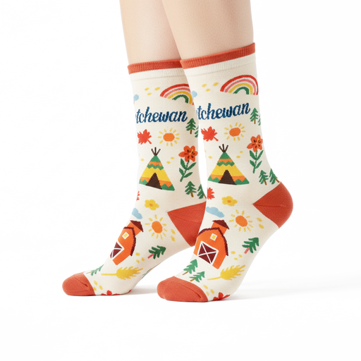 Saskatchewan Canada Crew Socks, Prairie Farm Graphic Travel Souvenir Socks