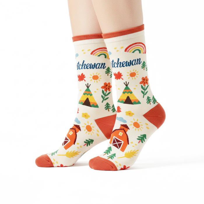 Saskatchewan Canada Crew Socks, Prairie Farm Graphic Travel Souvenir Socks