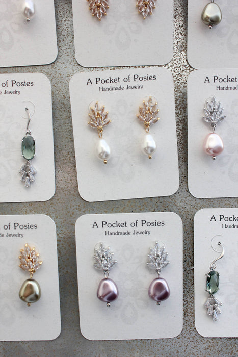 Glass Leaf Post Earrings - Pearl Drop