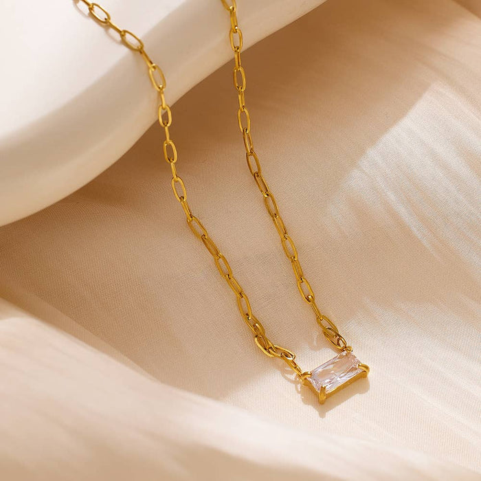 Titanium Steel Simple Rectangle Inlay Zircon Necklace