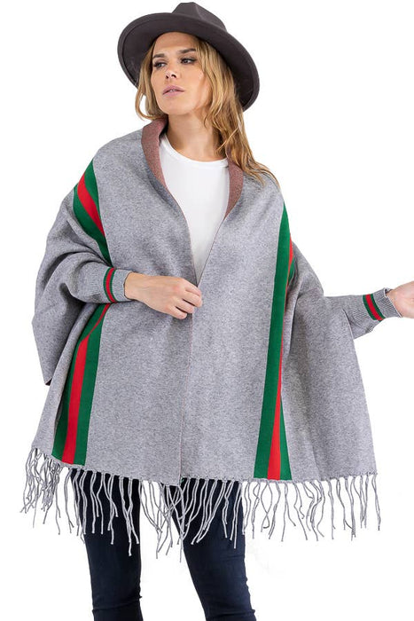 Tri-Stripe Faux Cashmere Cardigan Sweater Shrug Poncho: Camel