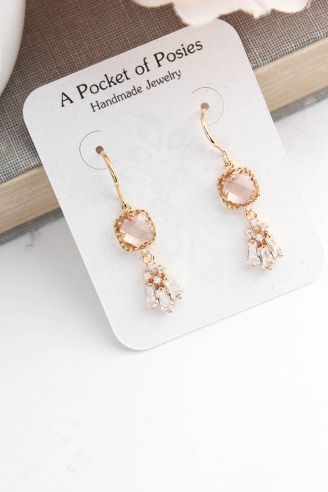 Art Deco Fan Earrings | Sparkling Glass | Peach Blush