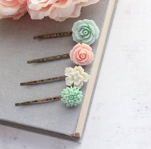 Flower Bobby Pins | Pastel Pink and Mint | Floral Hair Pins