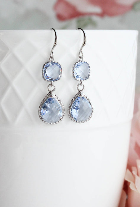 Light Blue Glass Dangle Earrings | Two Jewel Teardrop
