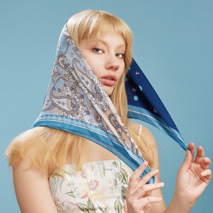 Vintage Paisley Polka Dot Square Scarf | Blue & Olive Elegant Silk-Feel Neck Hair Scarf