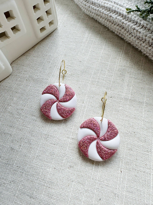 Glitter Peppermint Hoops | Polymer Clay Earrings 