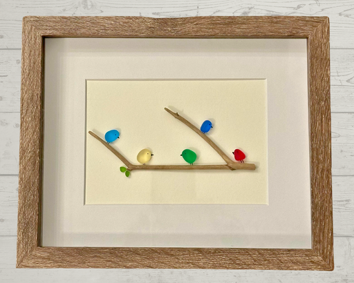 Family Birds Art, 3D Pebbles Tumbled Glass, Birds on Branch