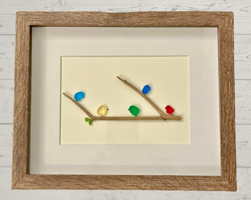 Family Birds Art, 3D Pebbles Tumbled Glass, Birds on Branch