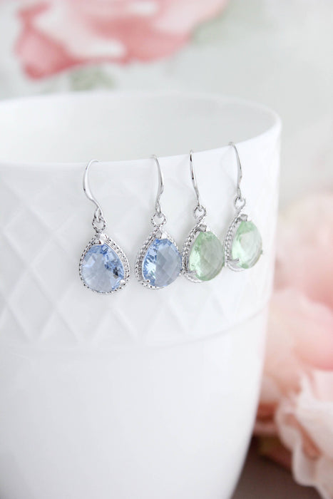 Glass Drop Earrings | Light Blue Silver